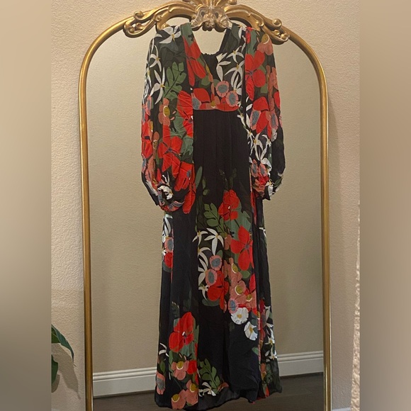 Farm Rio For Anthropologie Long-Sleeve V-Neck Black Floral Maxi Dress Size S - Picture 4 of 13